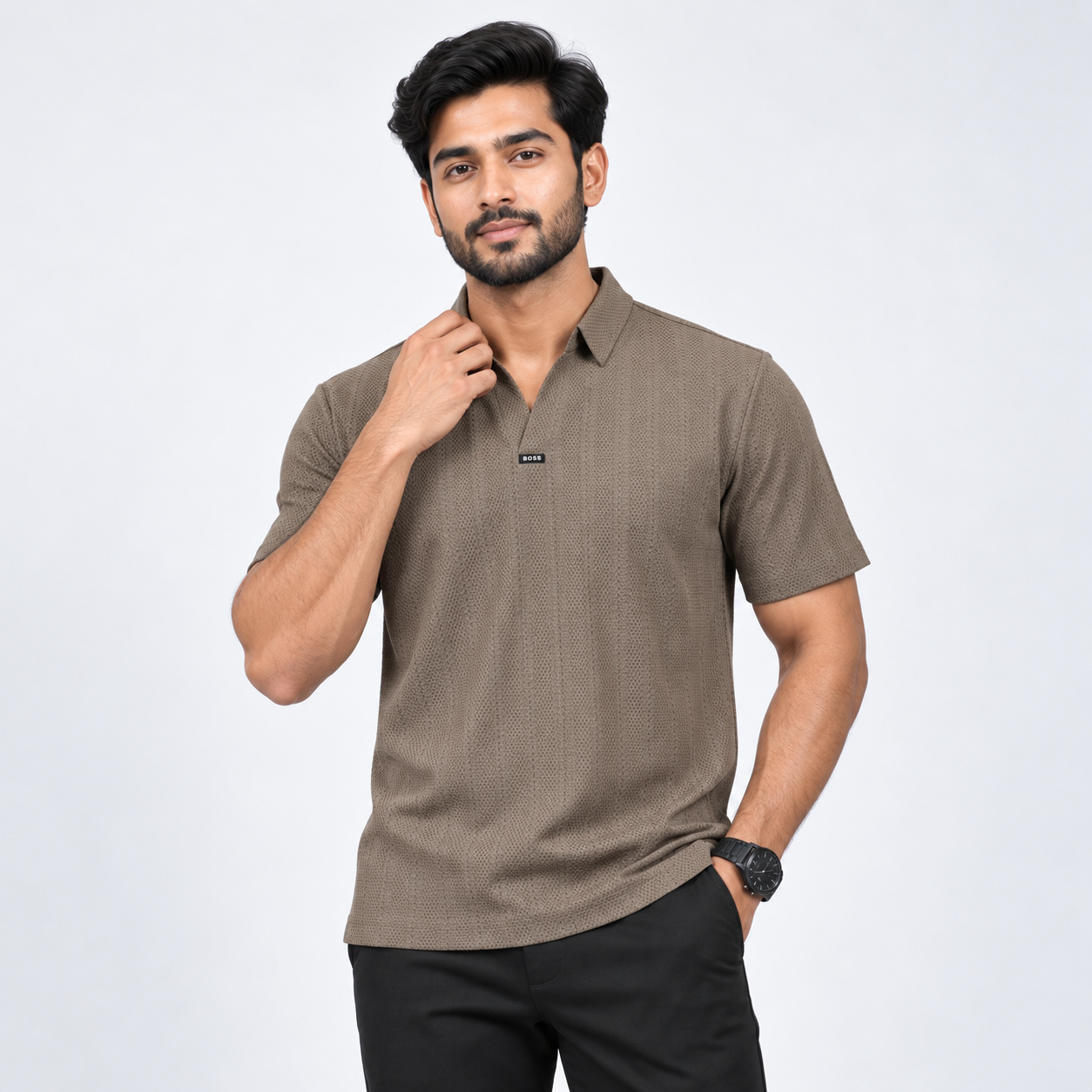 Chocolate Textured Open-Collar Premium Polo