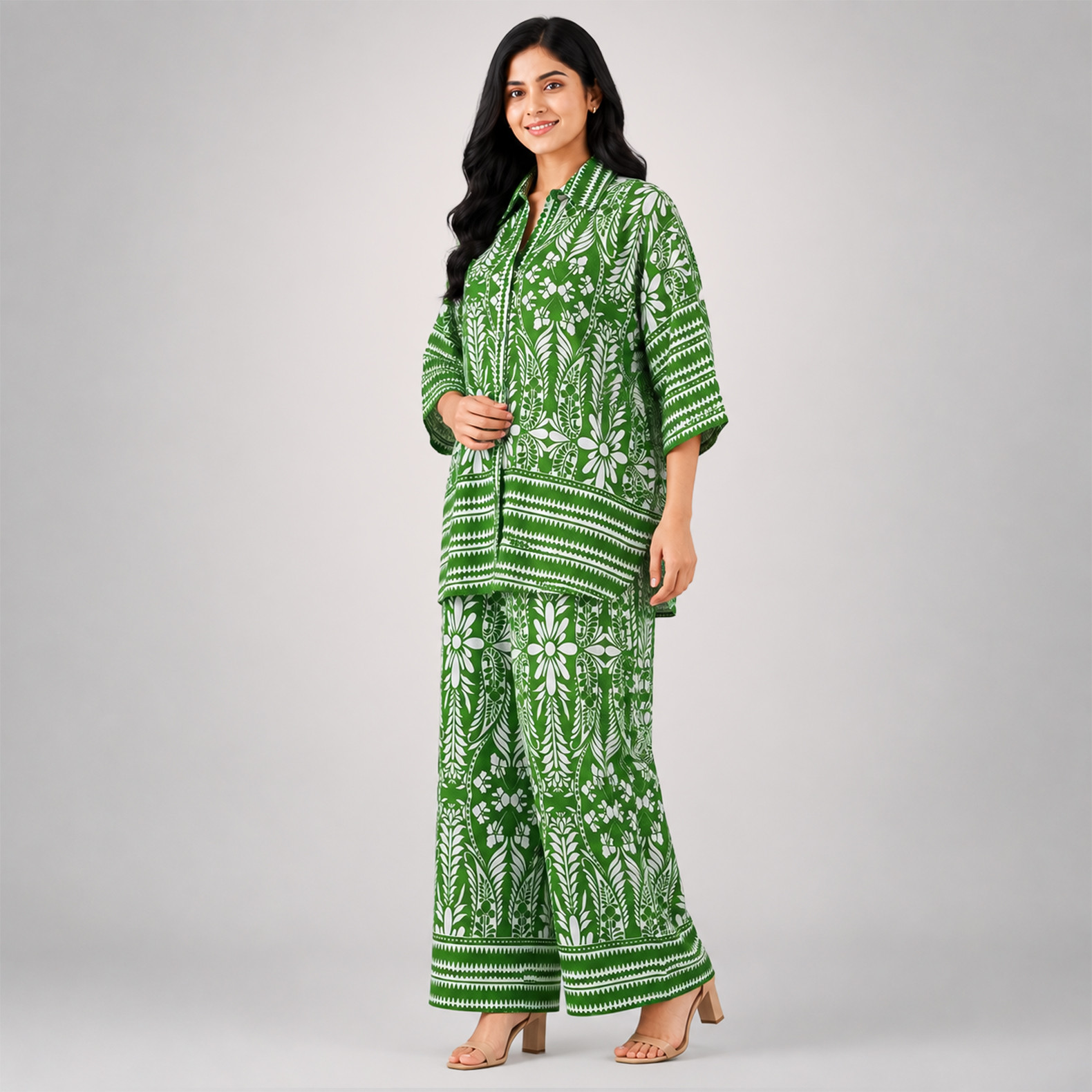 Women's Green & White Printed Co-Ord Set
