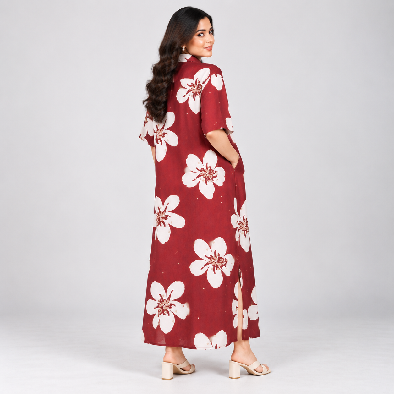 Maroon Floral Printed Premium Maxi Dress