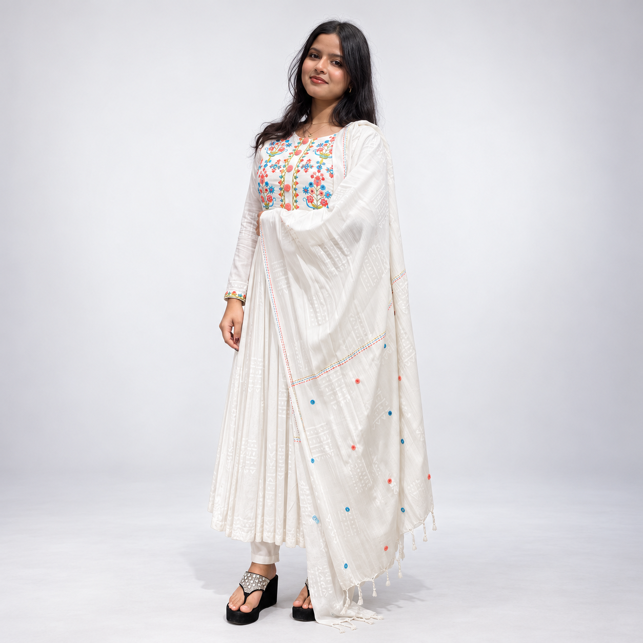 White Floral Embroidered Anarkali 3-Piece