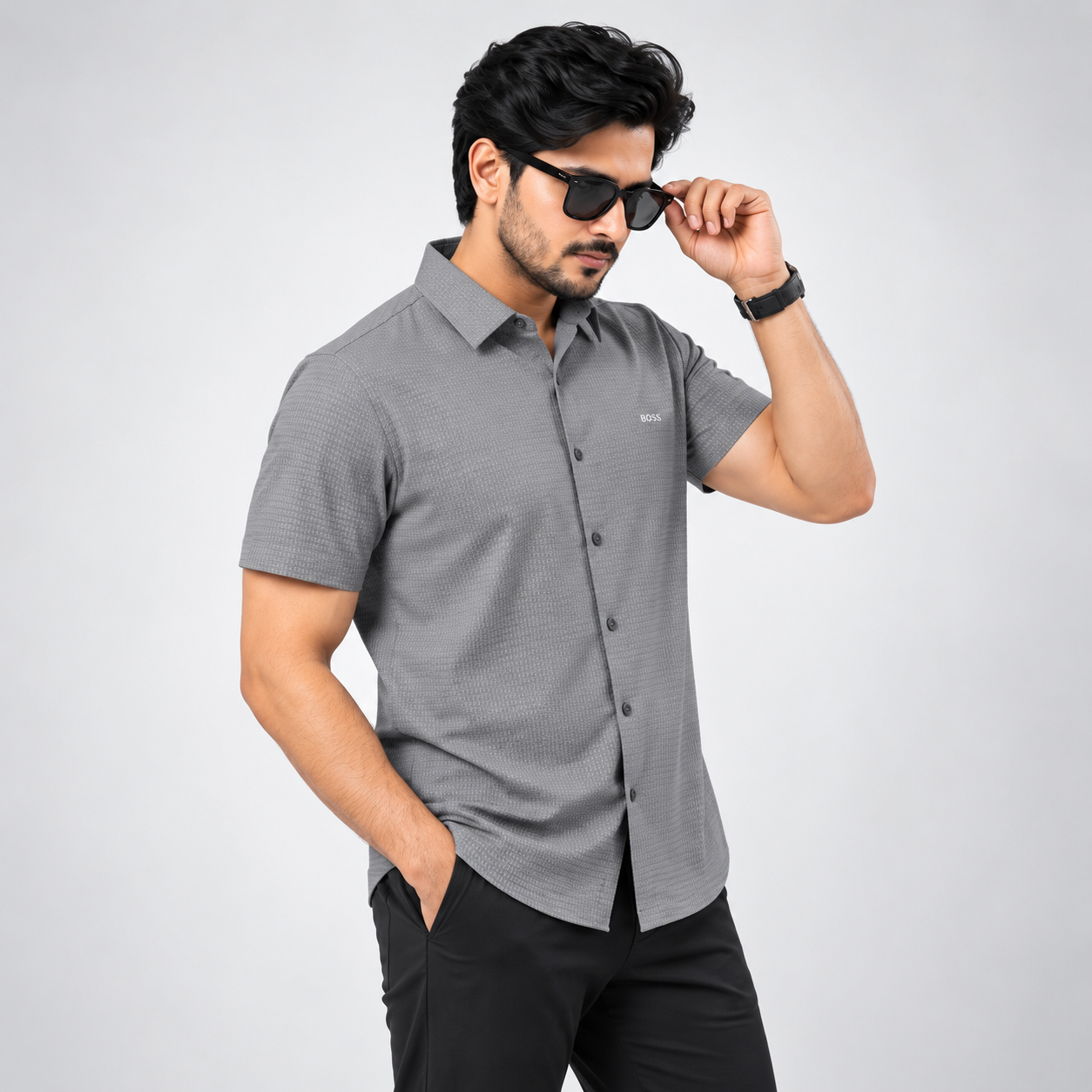 Deep Grey Textured Short Sleeve Shirt