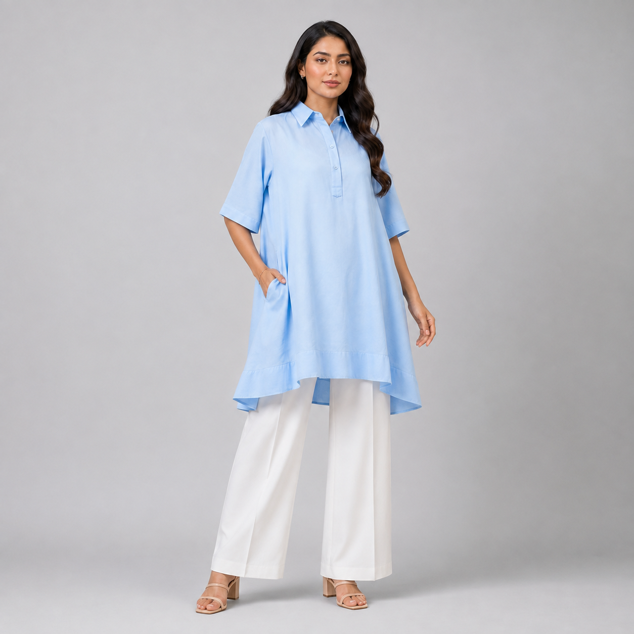 Powder Blue Solid High-Low Tuni