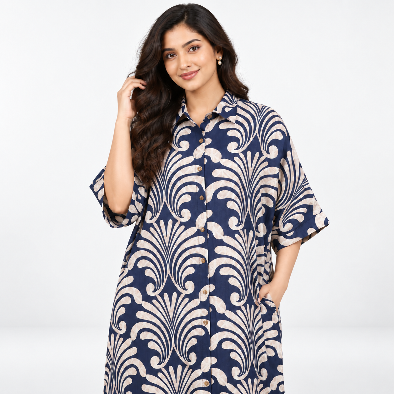 Navy Ivory Printed Long Shirt Dress