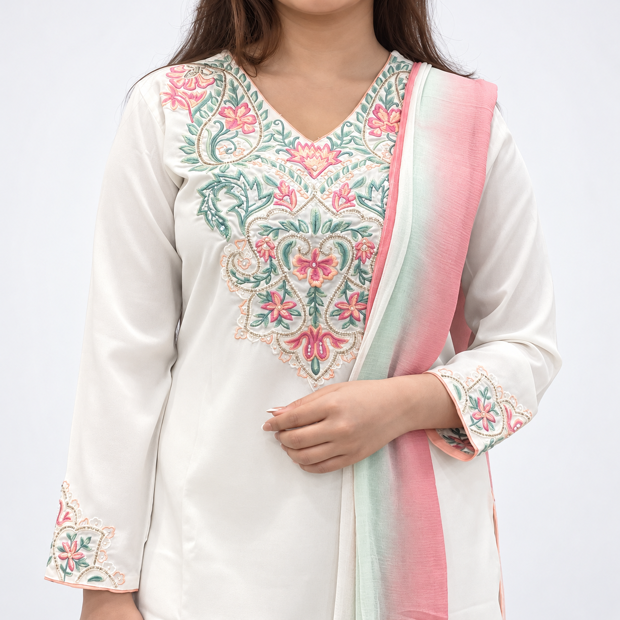 Elegant Ivory Floral Embroidered 3-Piece