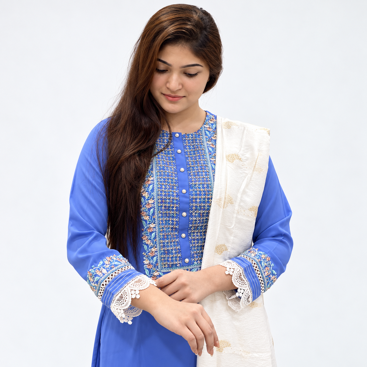 Royal Blue Floral Embroidered 3-Piece Suit for Women