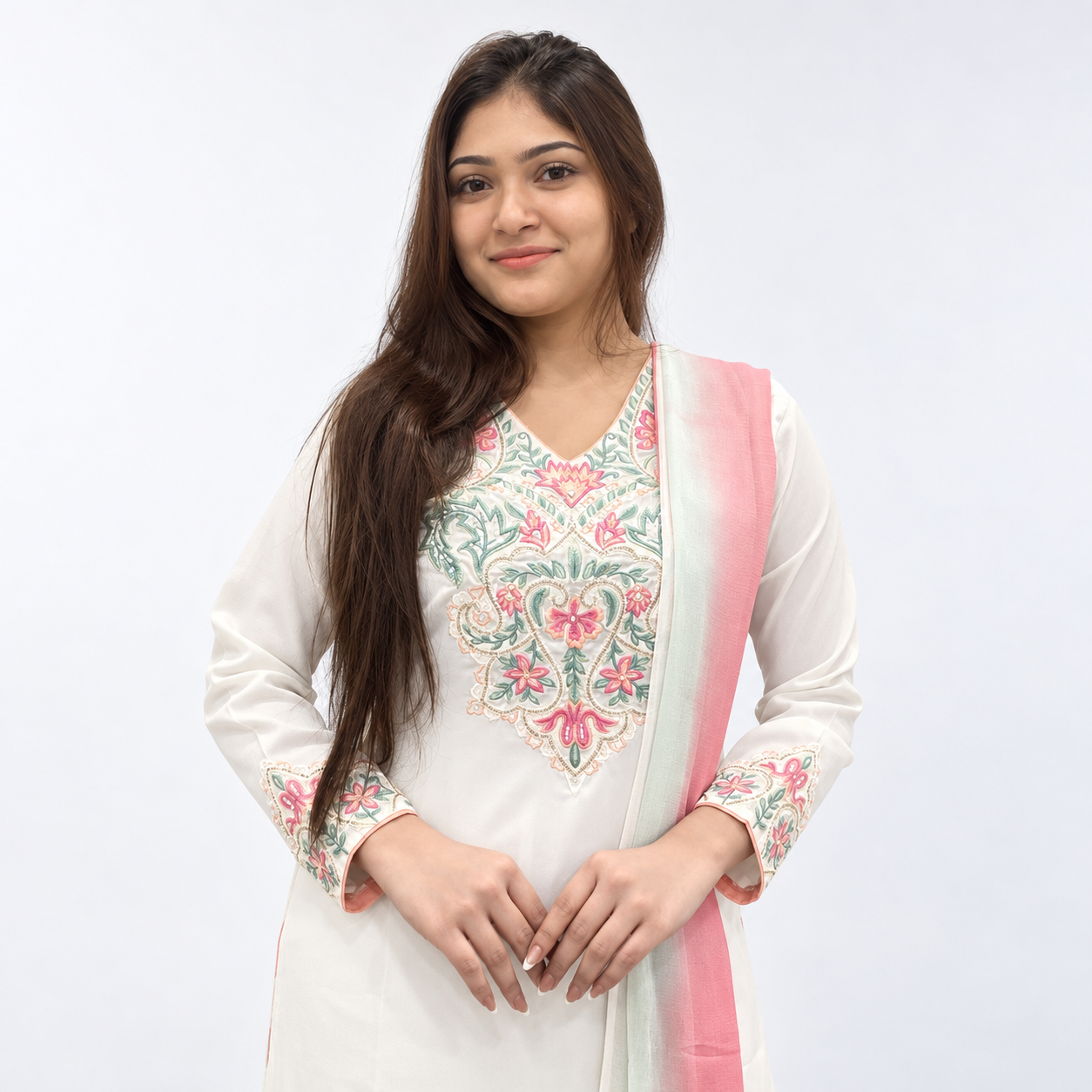 Elegant Ivory Floral Embroidered 3-Piece