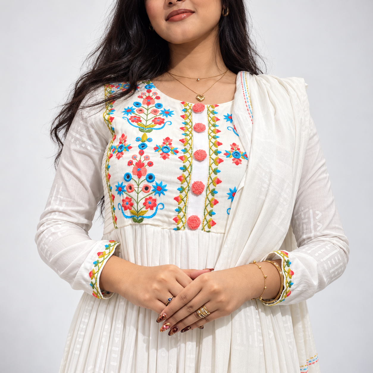White Floral Embroidered Anarkali 3-Piece