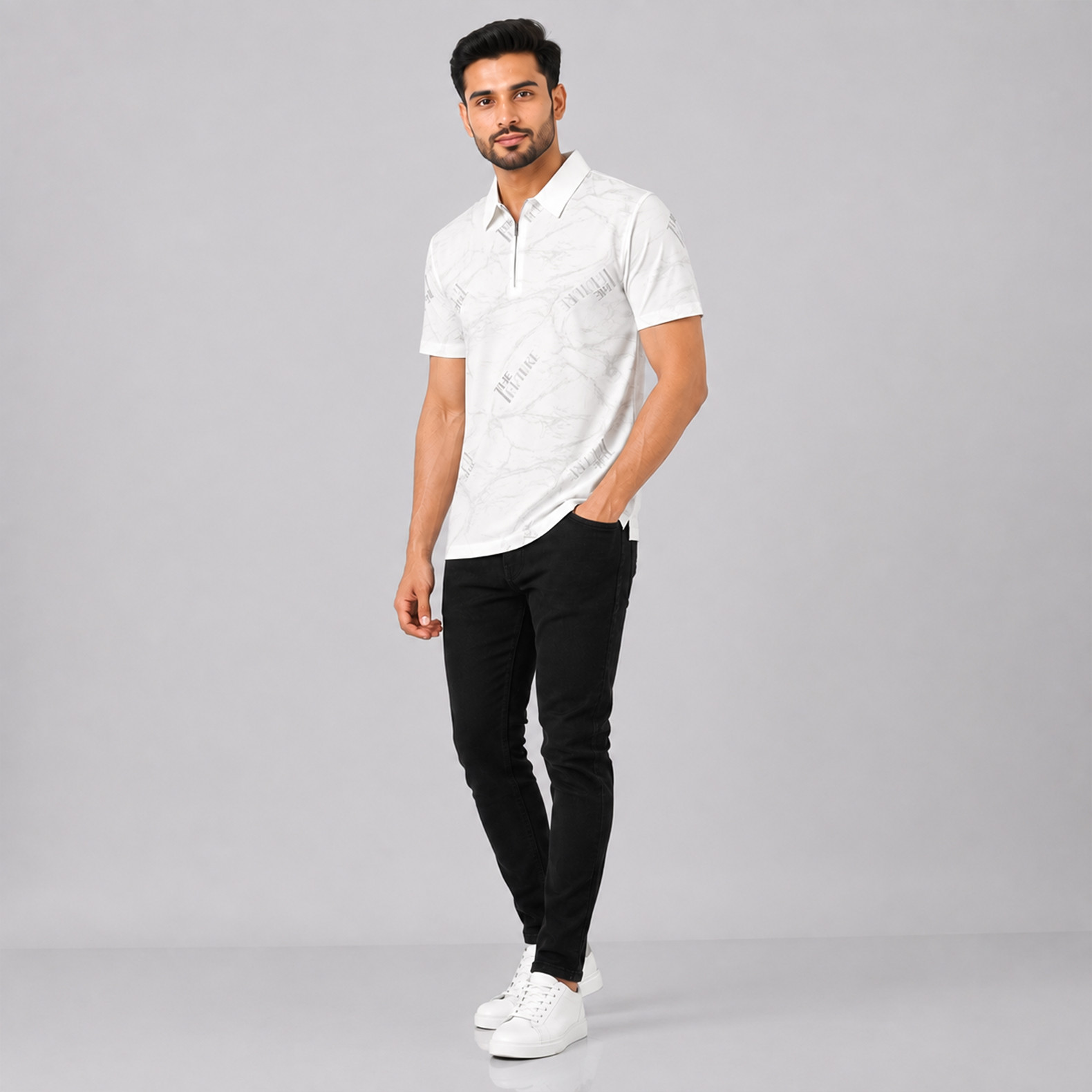 White Graphic Zip-Neck Men's Polo