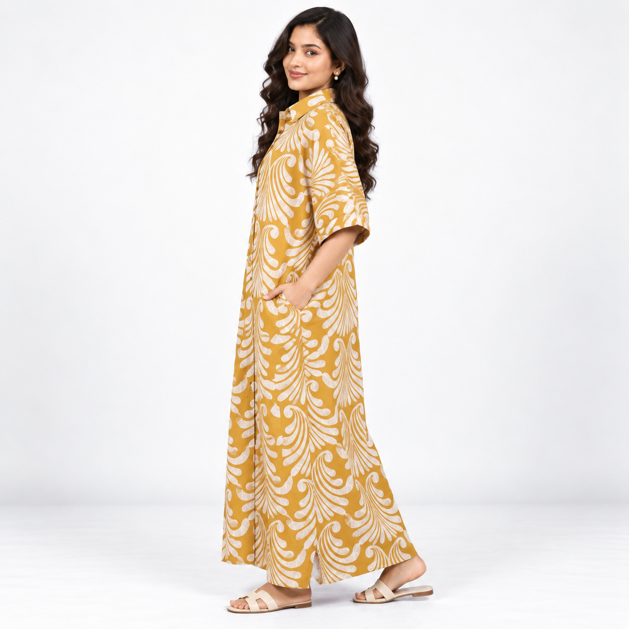 Mustard Yellow Floral Printed Cotton Maxi Dress