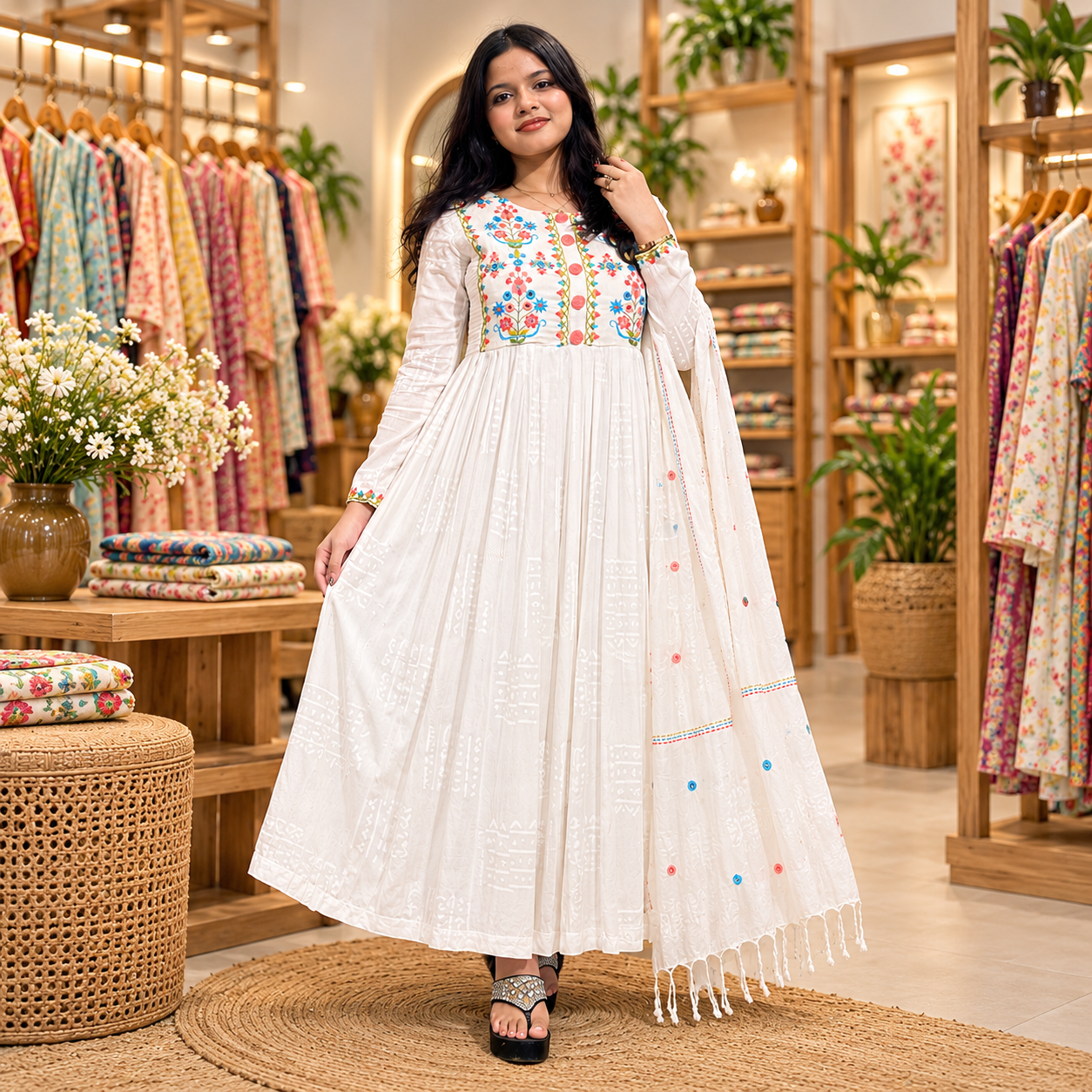 White Floral Embroidered Anarkali 3-Piece