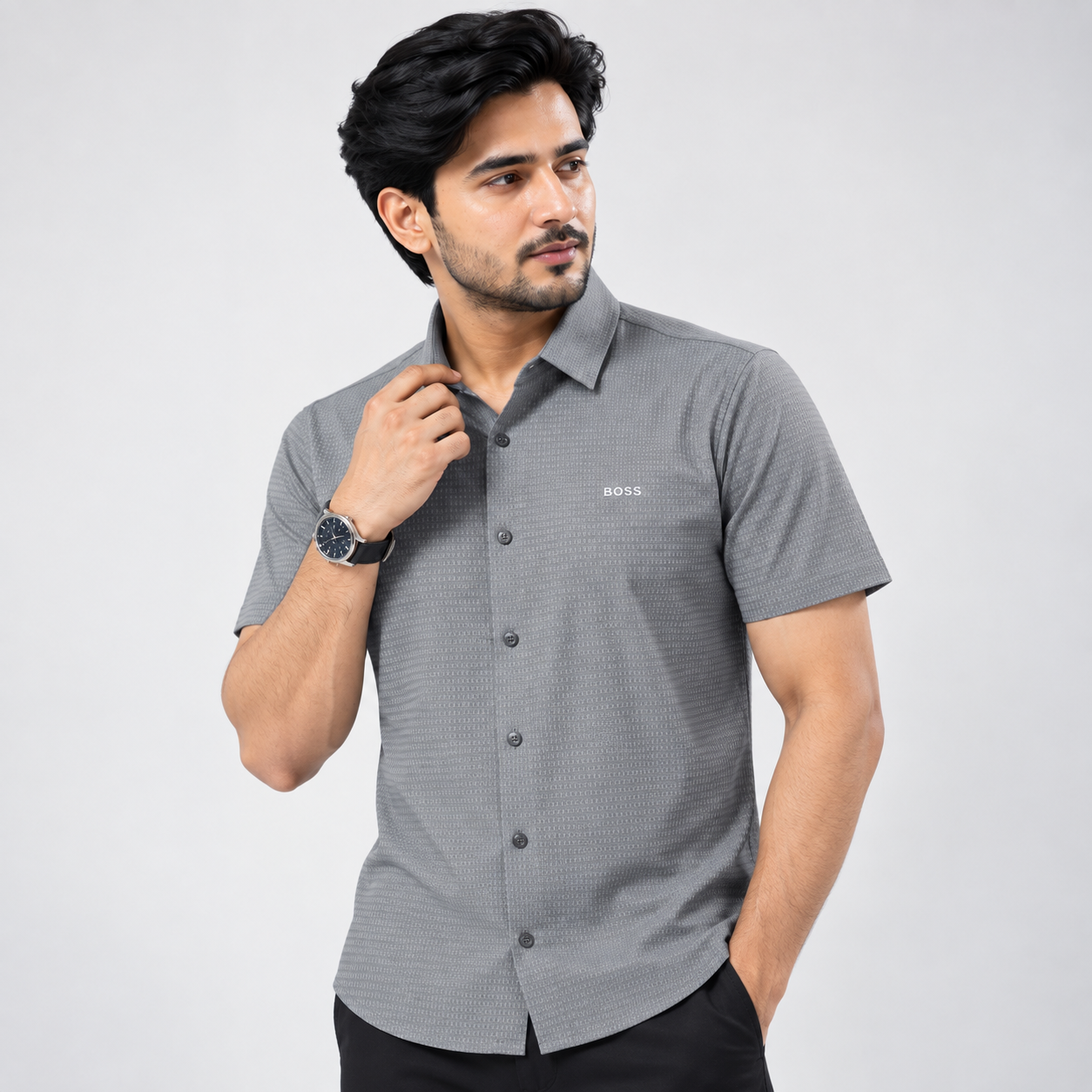 Deep Grey Textured Short Sleeve Shirt