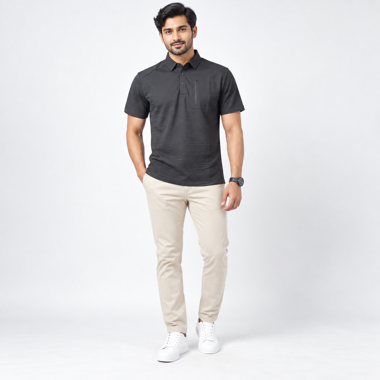 Premium Black Textured Zip-Pocket Polo