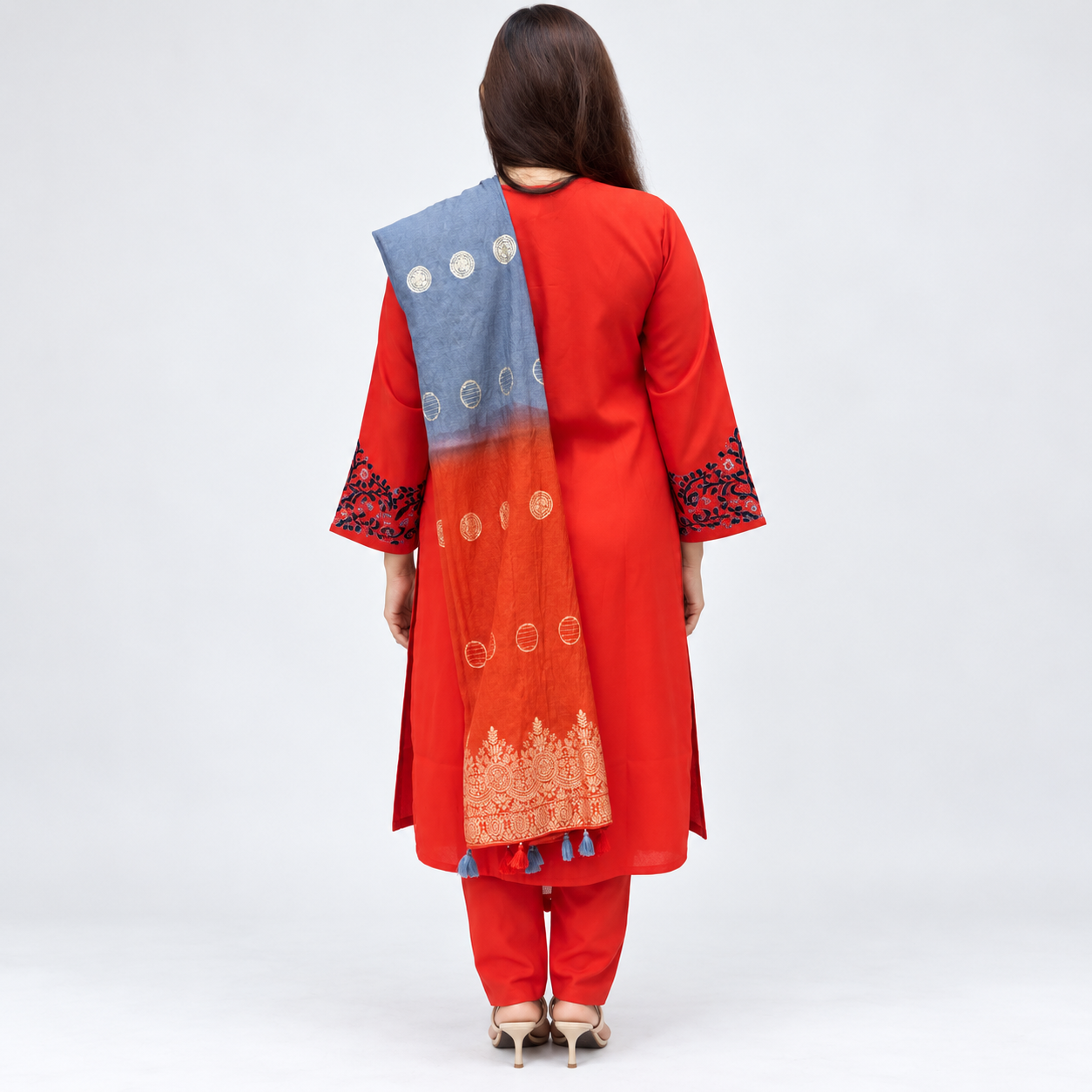 Red Floral Embroidered 3-Piece Suit for Women