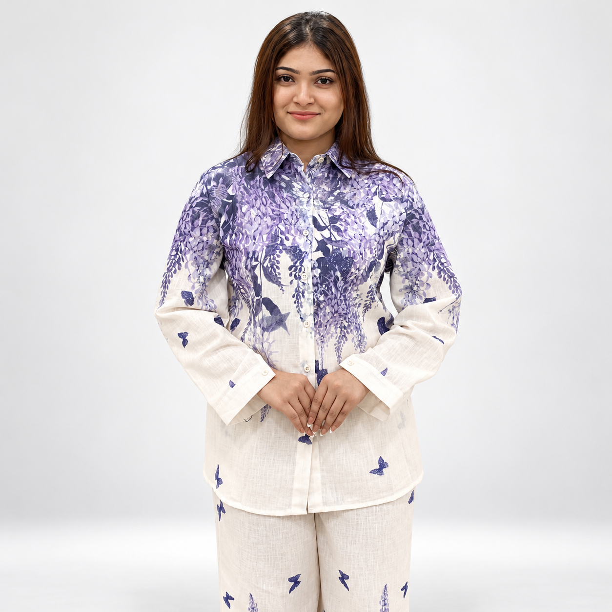 Lavender Bloom Floral Printed Co-Ord Set – Cream & Purple
