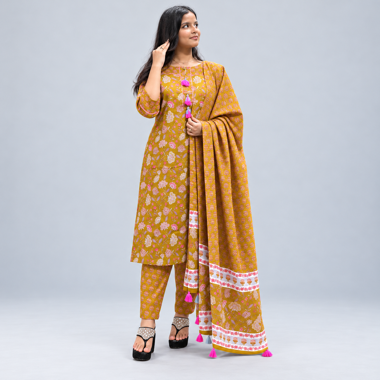 Mustard Olive Floral Printed Three-Piece Set