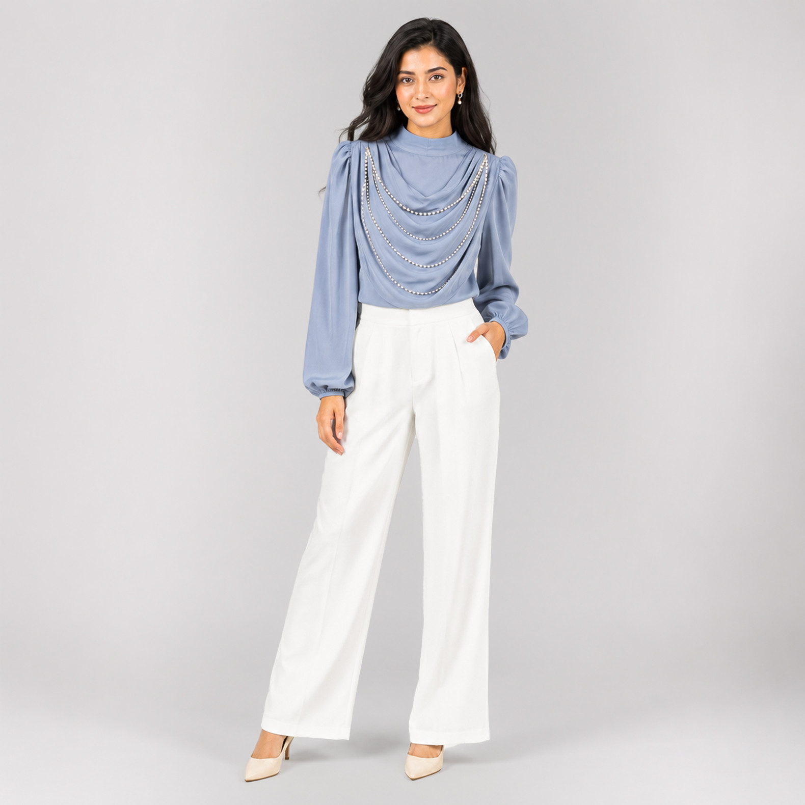 Elegant Blue Draped Neck Embellished Long Sleeve Top