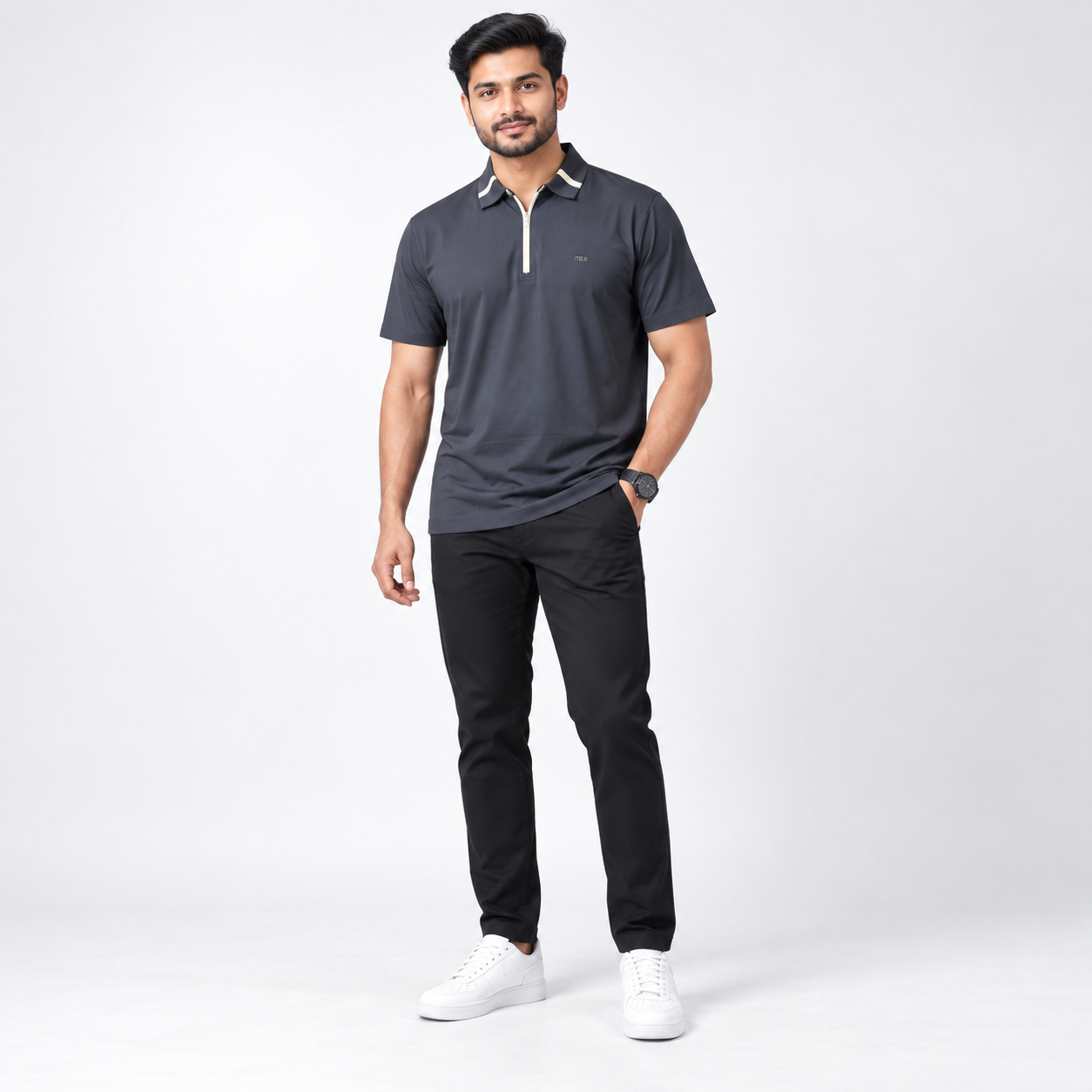 Charcoal Half-Zip Contrast Collar Polo