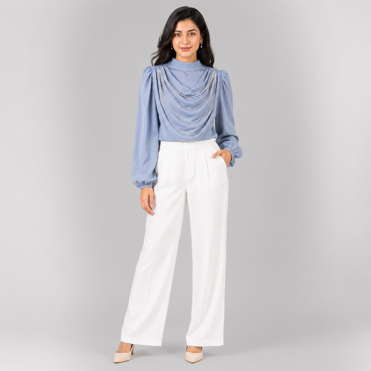 Elegant Blue Draped Neck Embellished Long Sleeve Top