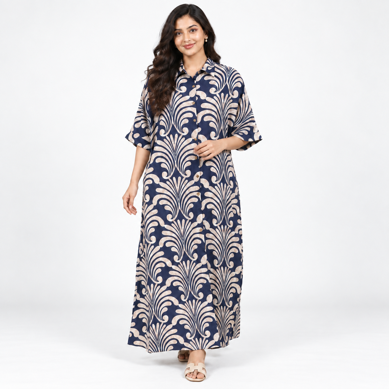 Navy Ivory Printed Long Shirt Dress