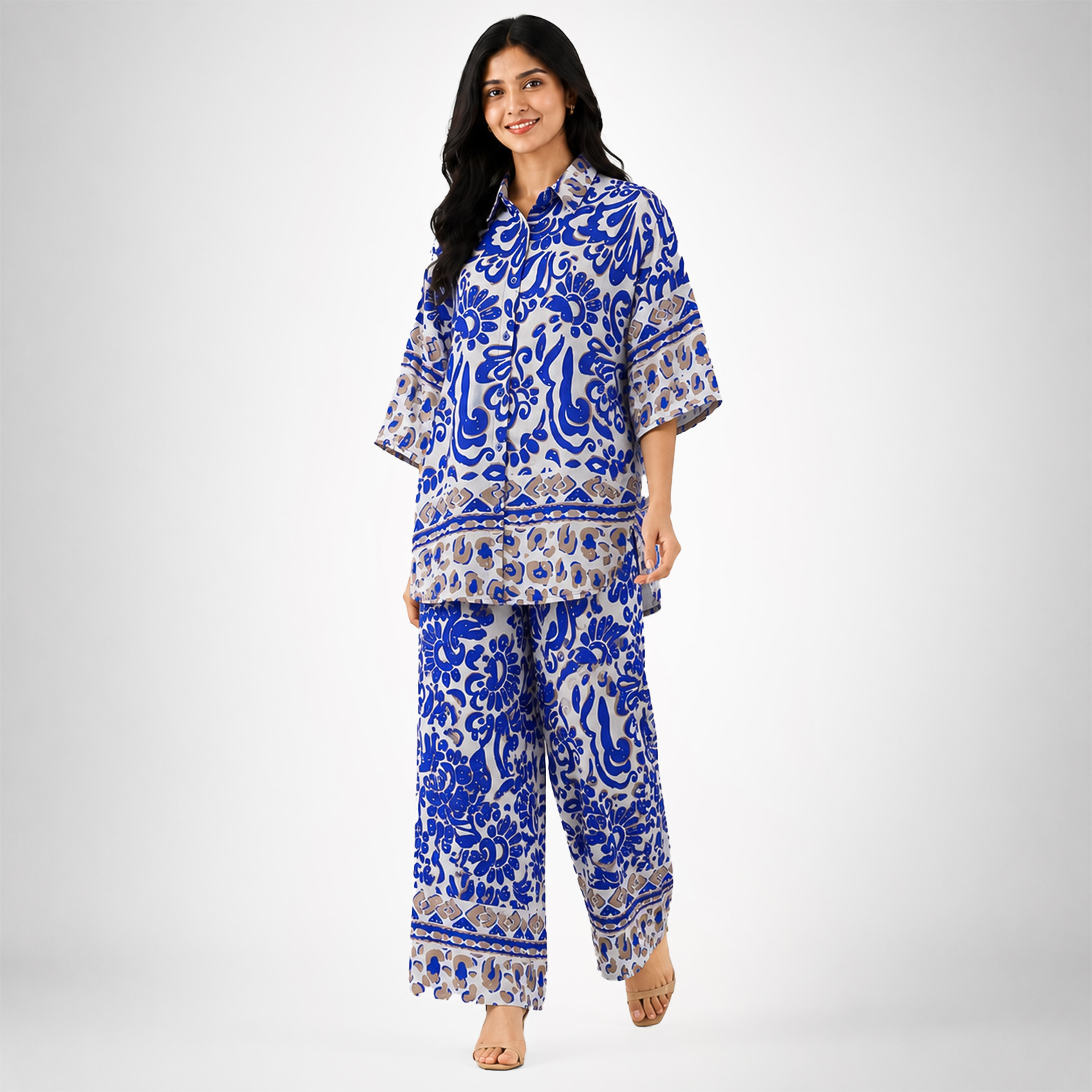 Women's Blue & Beige Printed Co-Ord Set