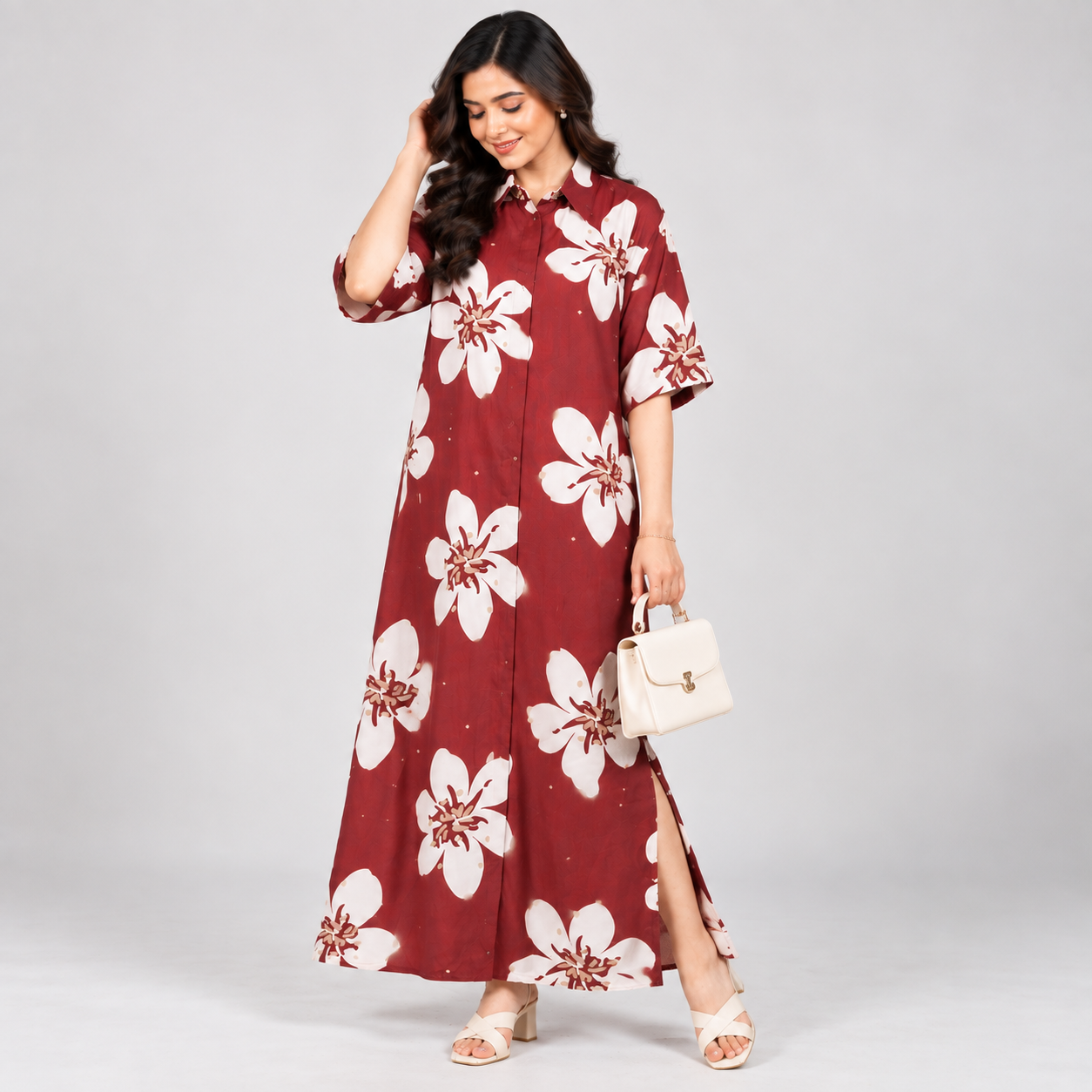 Maroon Floral Printed Premium Maxi Dress