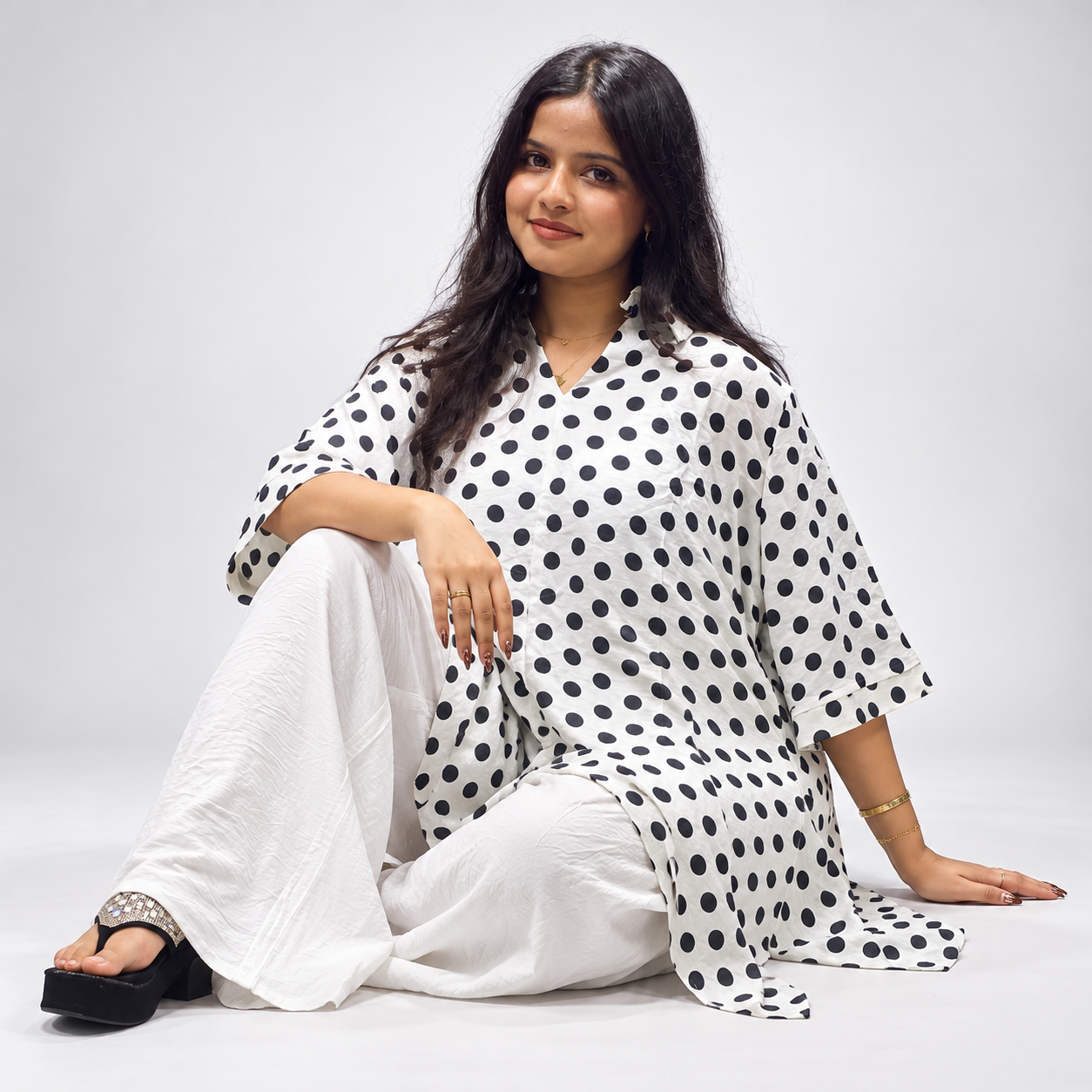 Elegant Black & White Polka Dot Oversized Co-Ord Set for Women