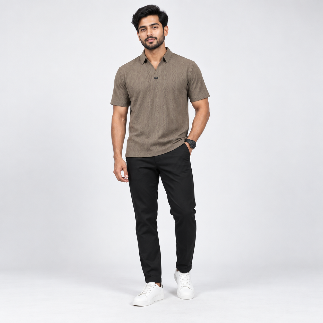 Chocolate Textured Open-Collar Premium Polo