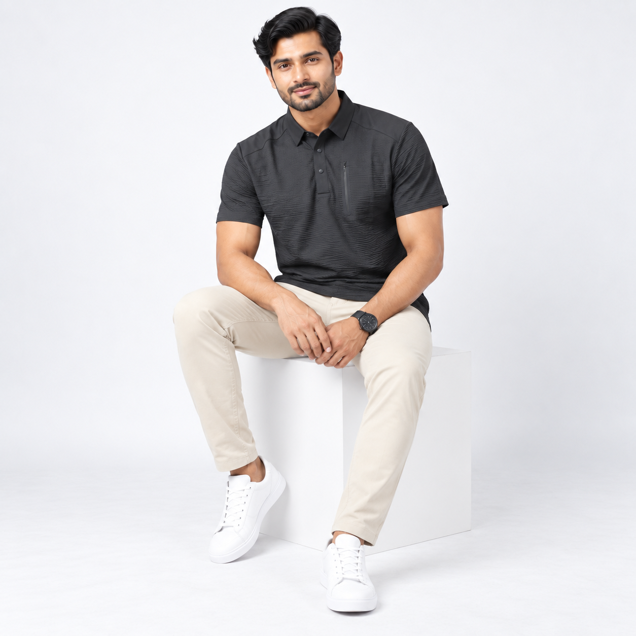 Premium Black Textured Zip-Pocket Polo