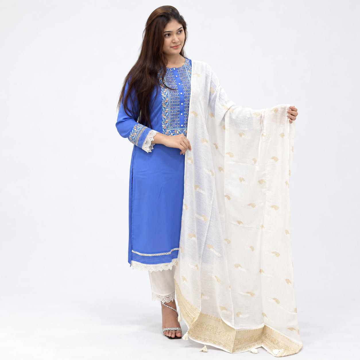Royal Blue Floral Embroidered 3-Piece Suit for Women