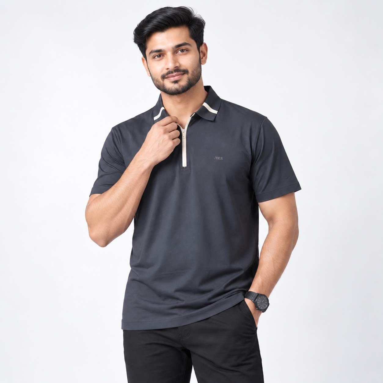 Charcoal Half-Zip Contrast Collar Polo