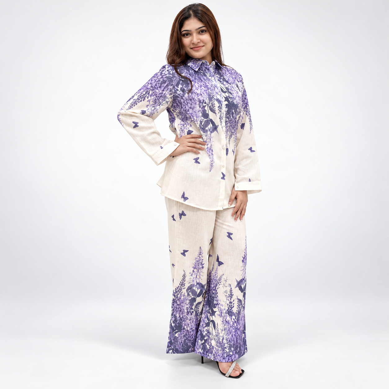 Lavender Bloom Floral Printed Co-Ord Set – Cream & Purple