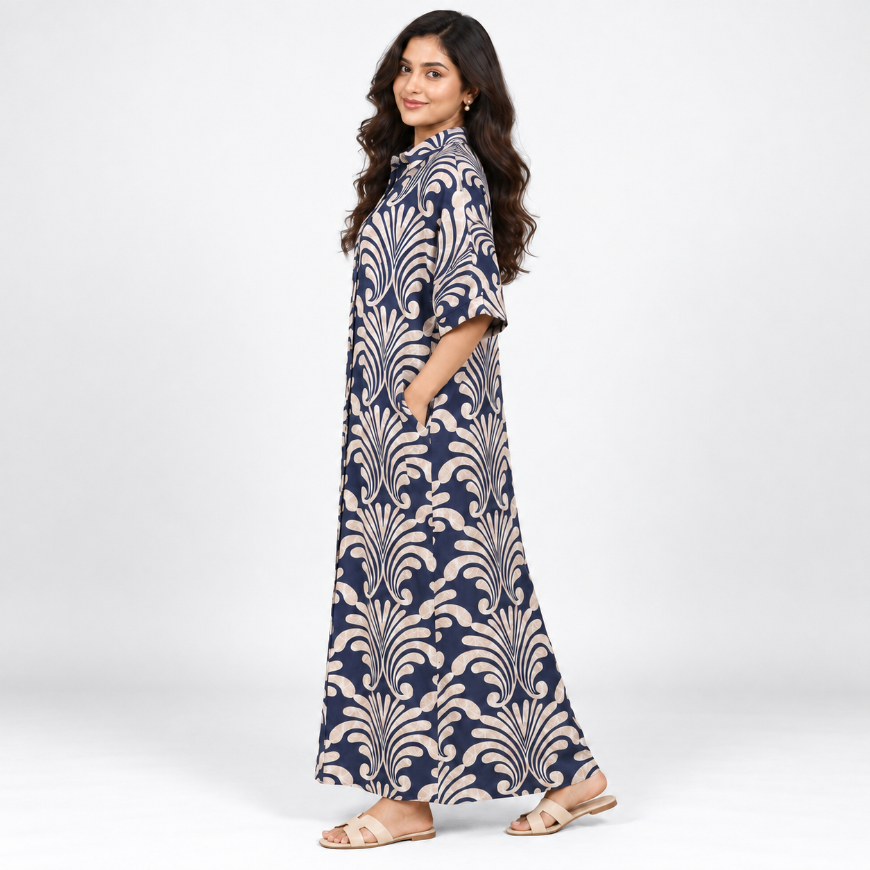 Navy Ivory Printed Long Shirt Dress