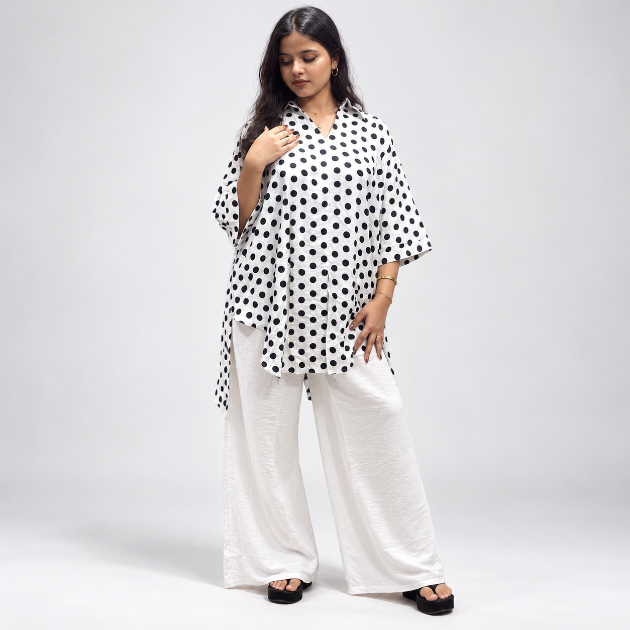 Elegant Black & White Polka Dot Oversized Co-Ord Set for Women