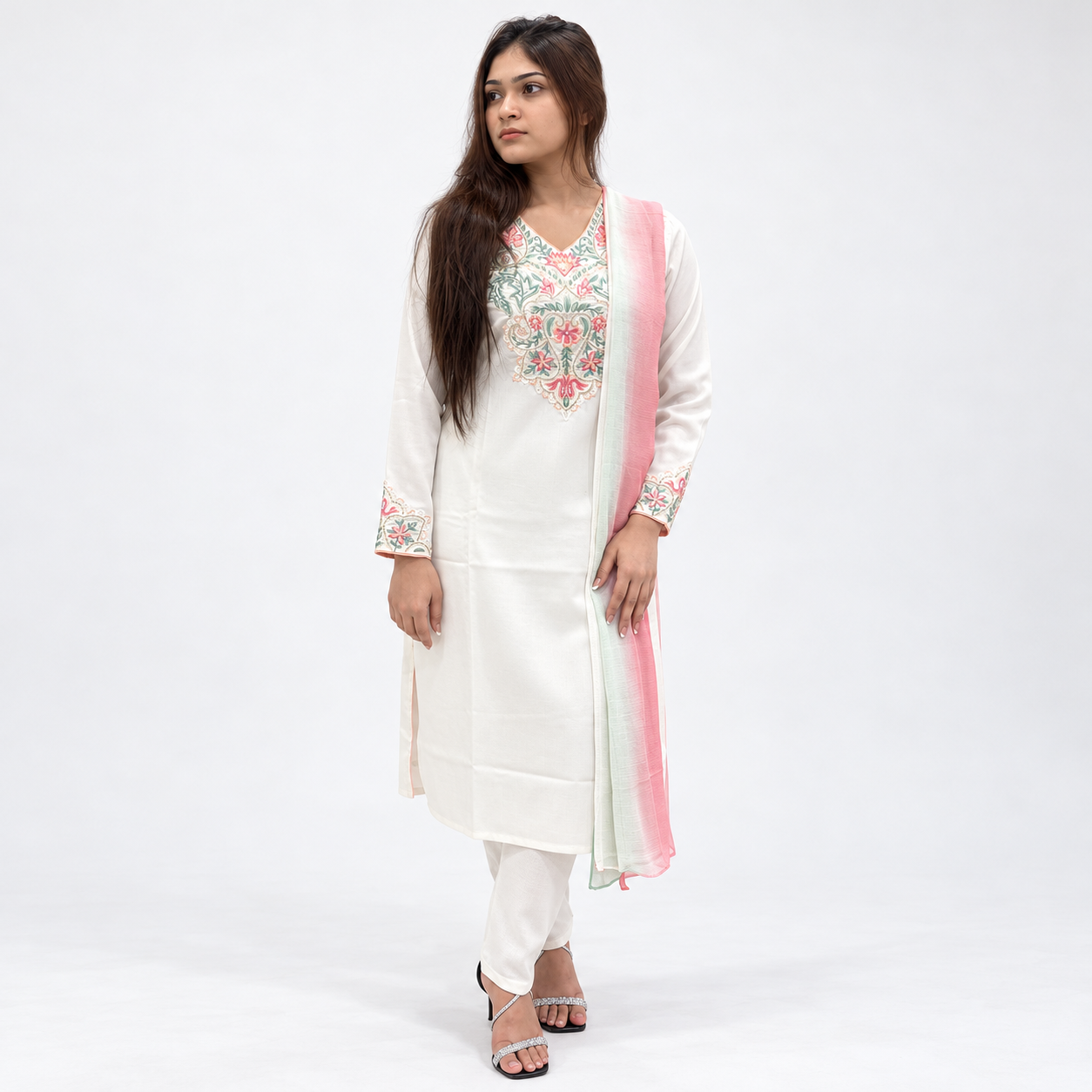 Elegant Ivory Floral Embroidered 3-Piece