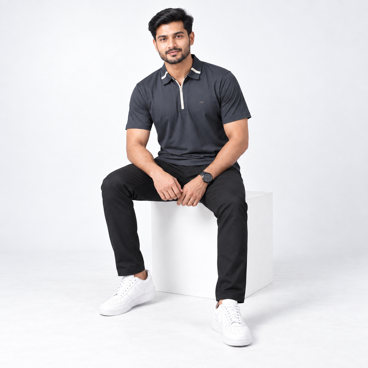 Charcoal Half-Zip Contrast Collar Polo
