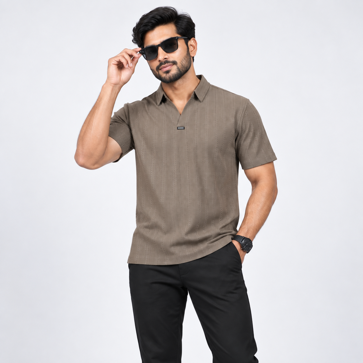 Chocolate Textured Open-Collar Premium Polo