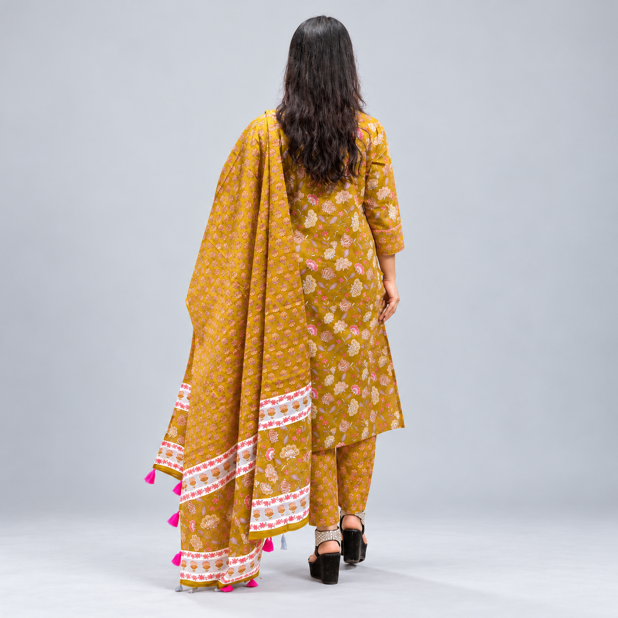 Mustard Olive Floral Printed Three-Piece Set