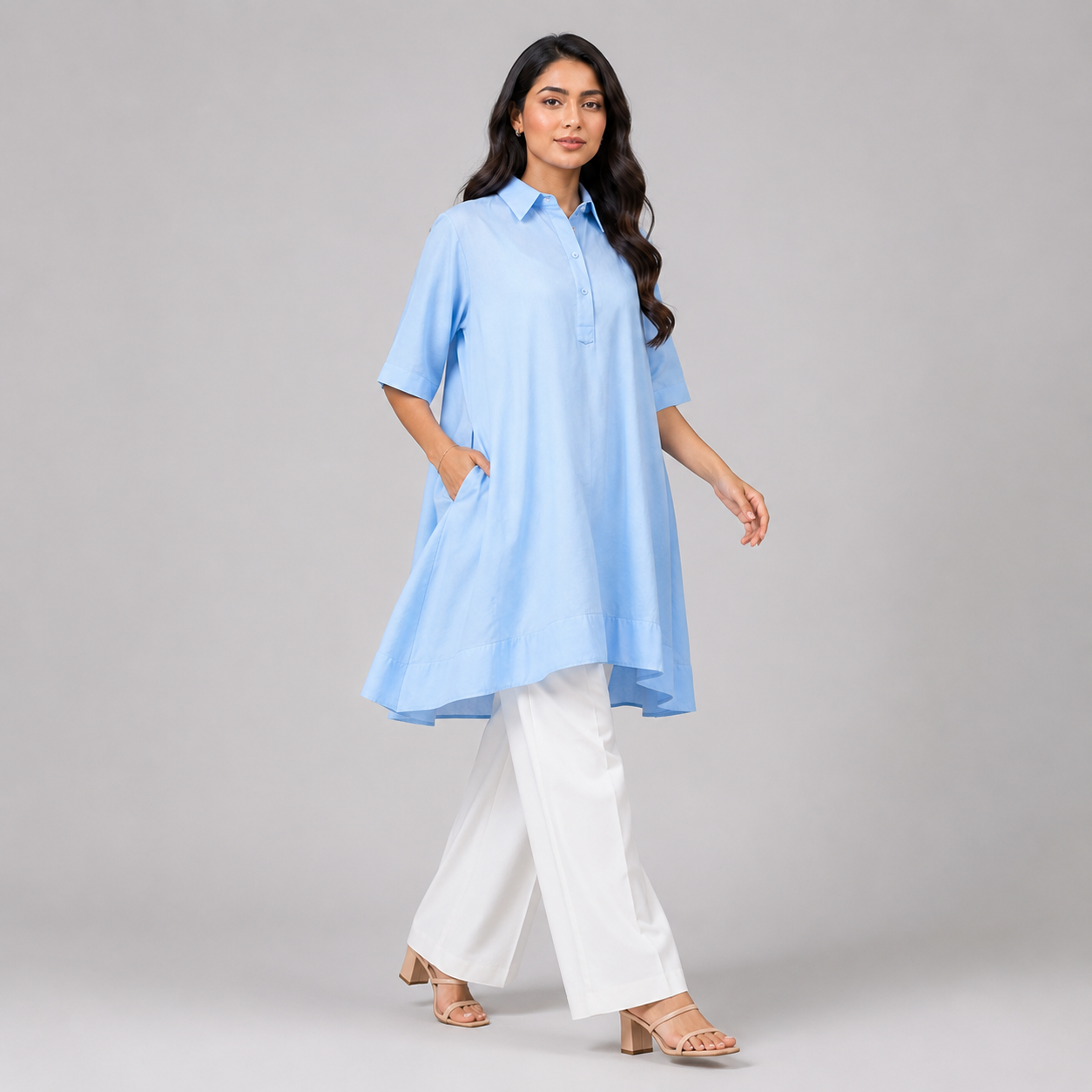 Powder Blue Solid High-Low Tuni