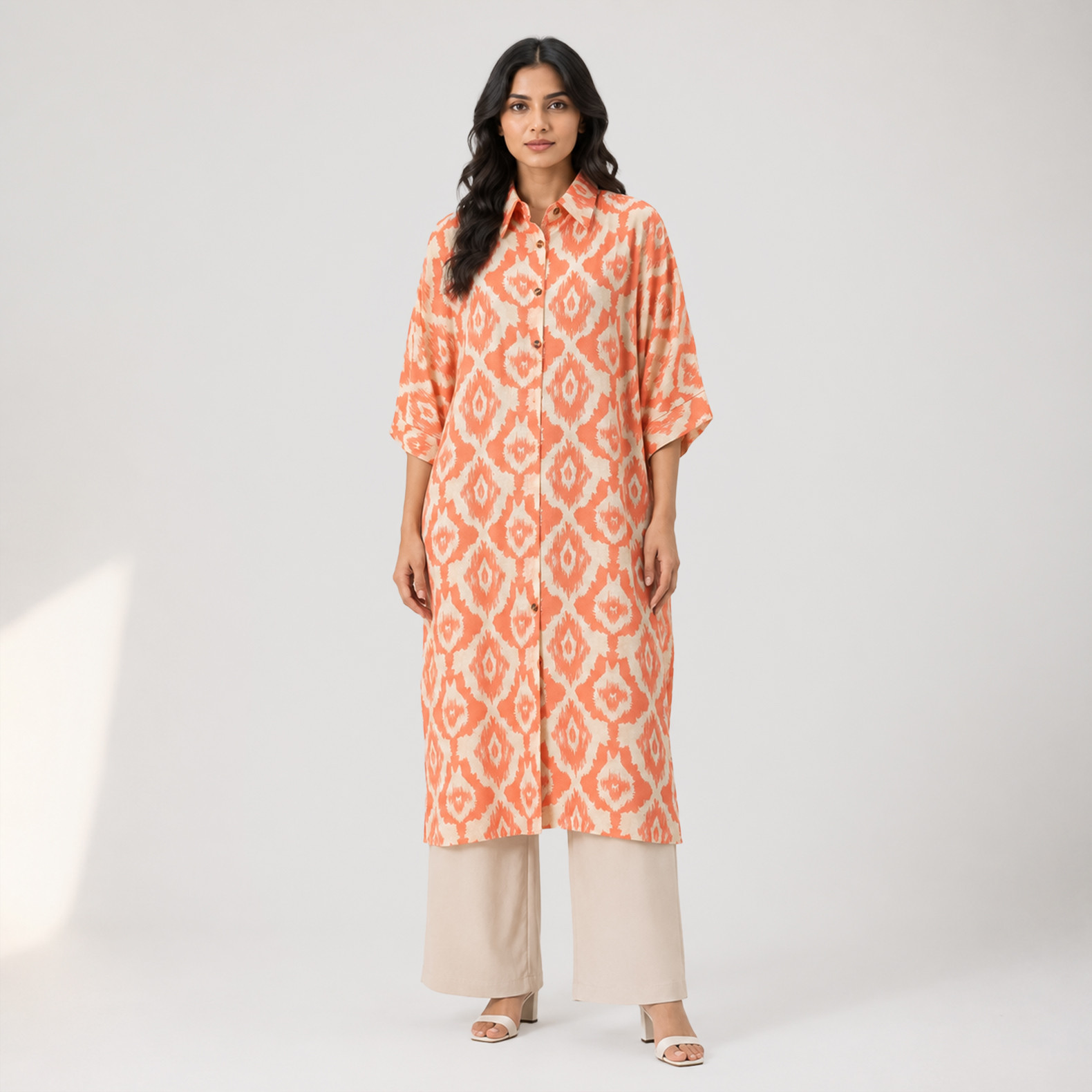 Peach Ikat Print Long Tunic for Women