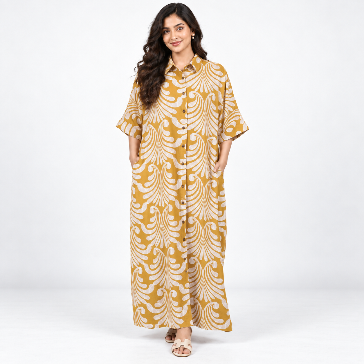 Mustard Yellow Floral Printed Cotton Maxi Dress