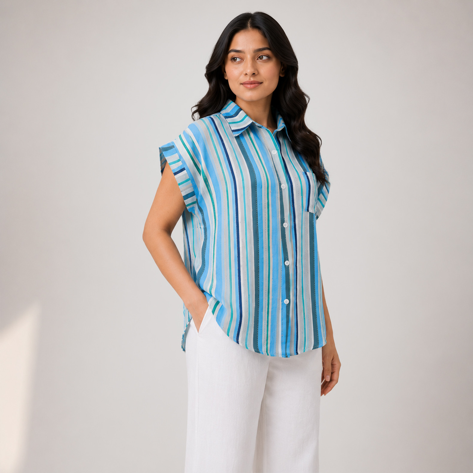 Blue Striped Relaxed Summer Shirt for Women