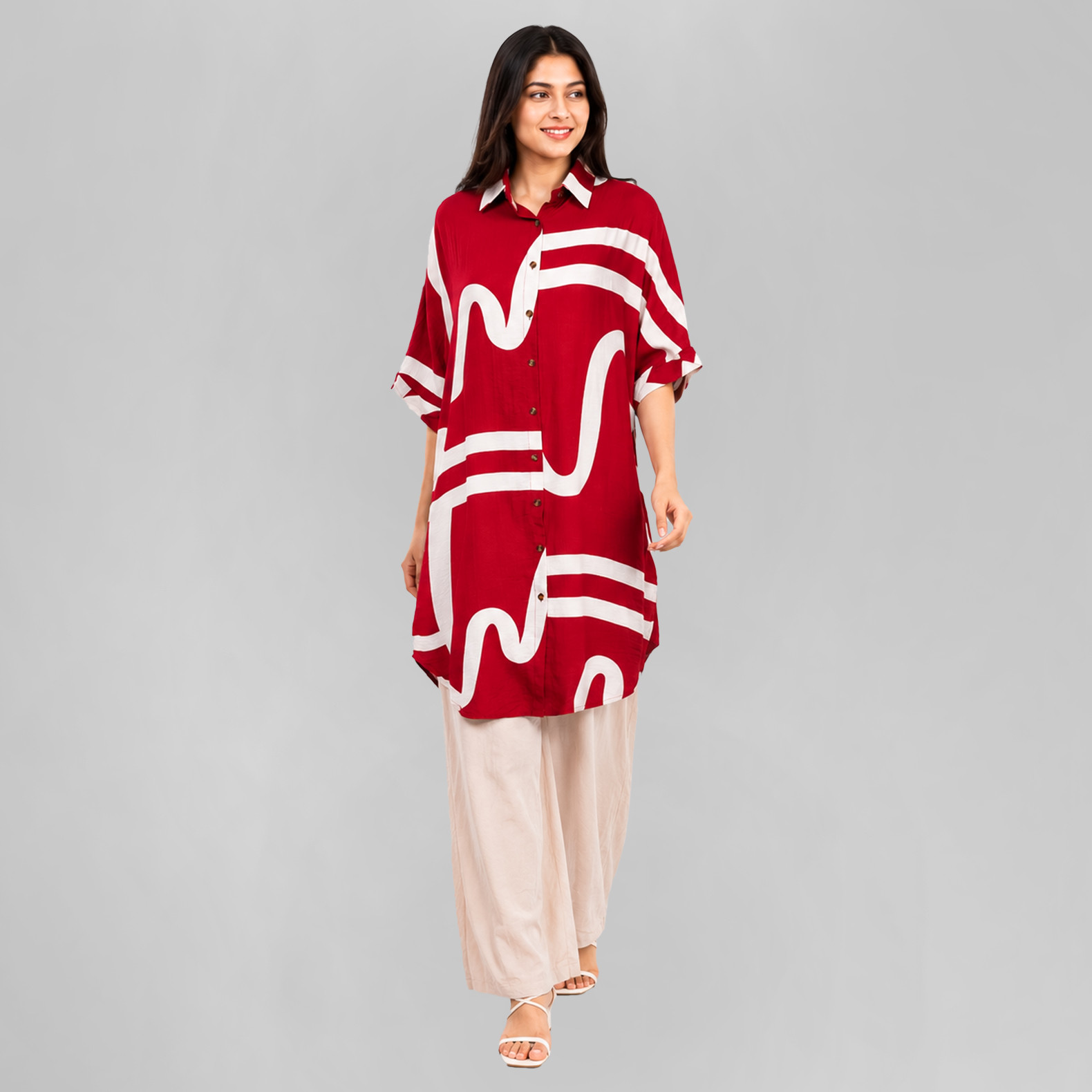Red Abstract Print Long Tunic for Women