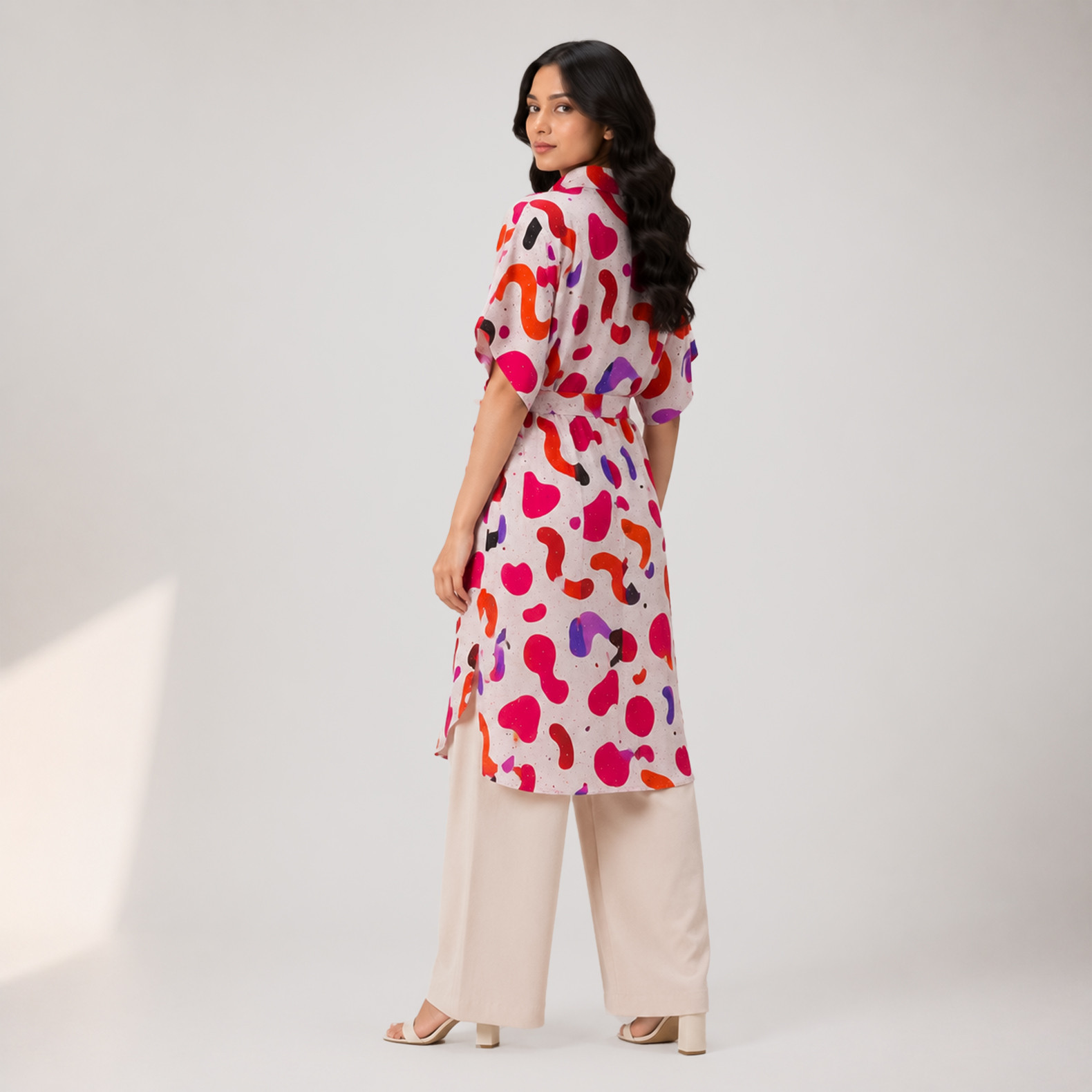 Vibrant Abstract Print Belted Shirt Dress