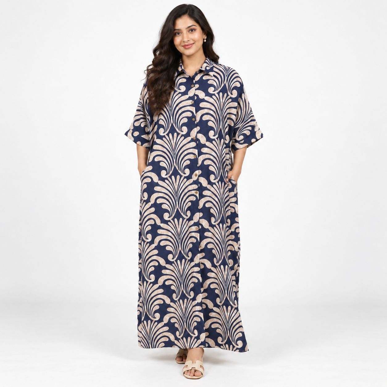 Navy Ivory Printed Long Shirt Dress