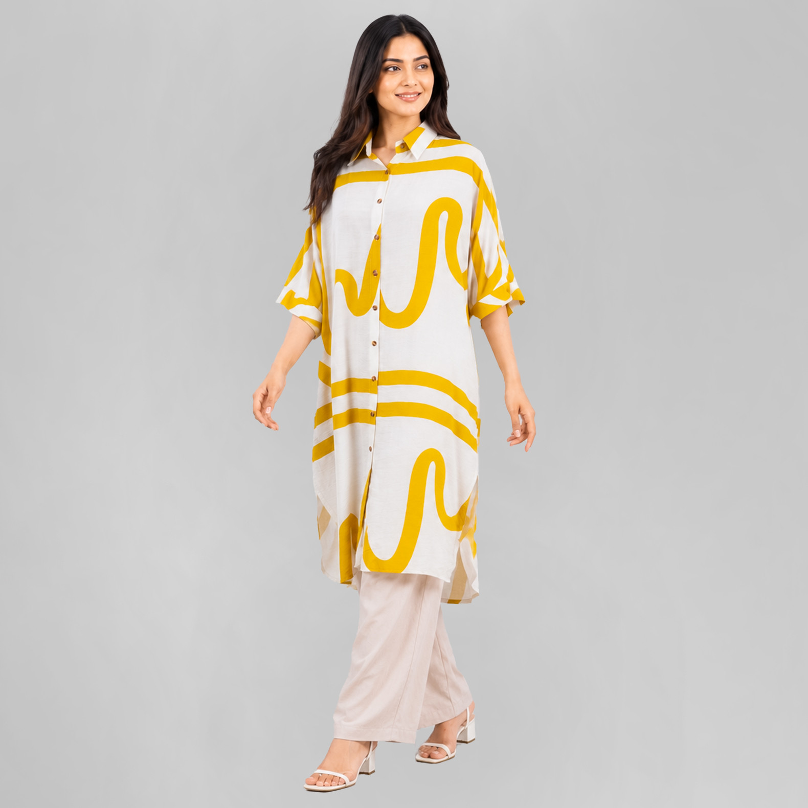 White & Mustard Abstract Summer Tunic for Women