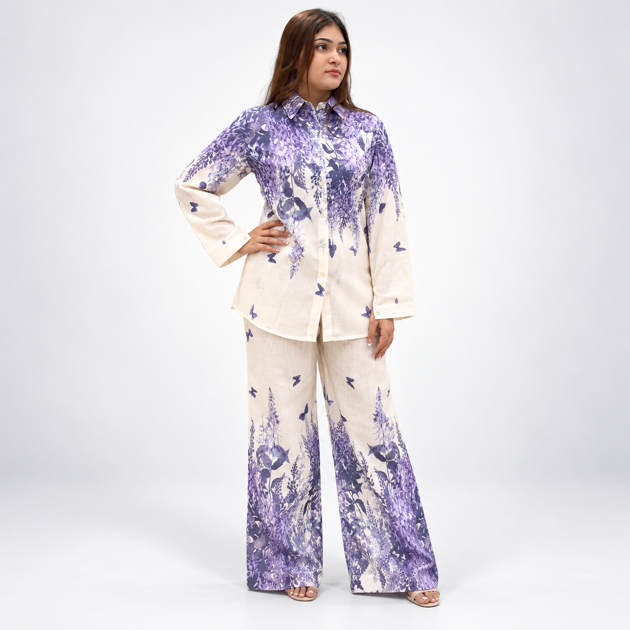 Lavender Bloom Floral Printed Co-Ord Set – Cream & Purple