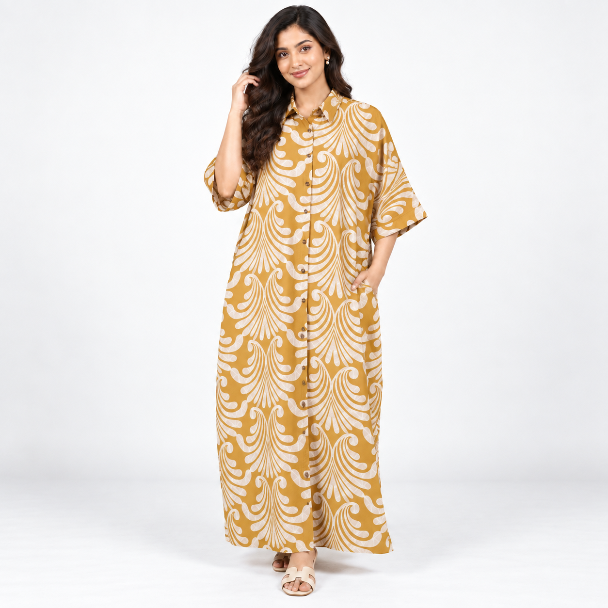 Mustard Yellow Floral Printed Cotton Maxi Dress