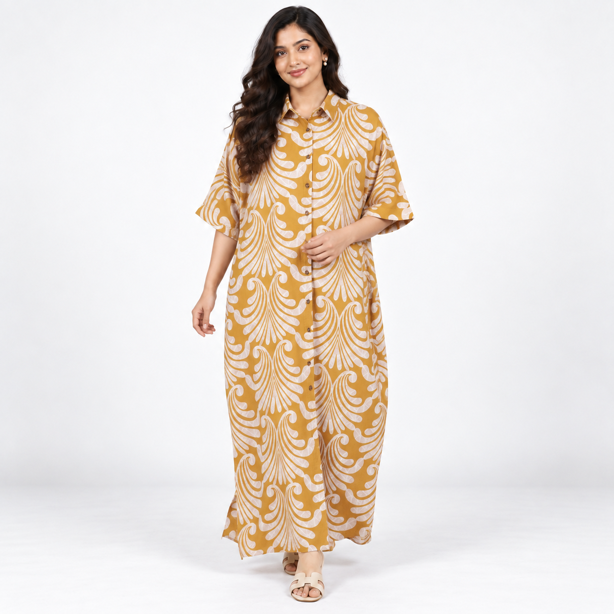 Mustard Yellow Floral Printed Cotton Maxi Dress