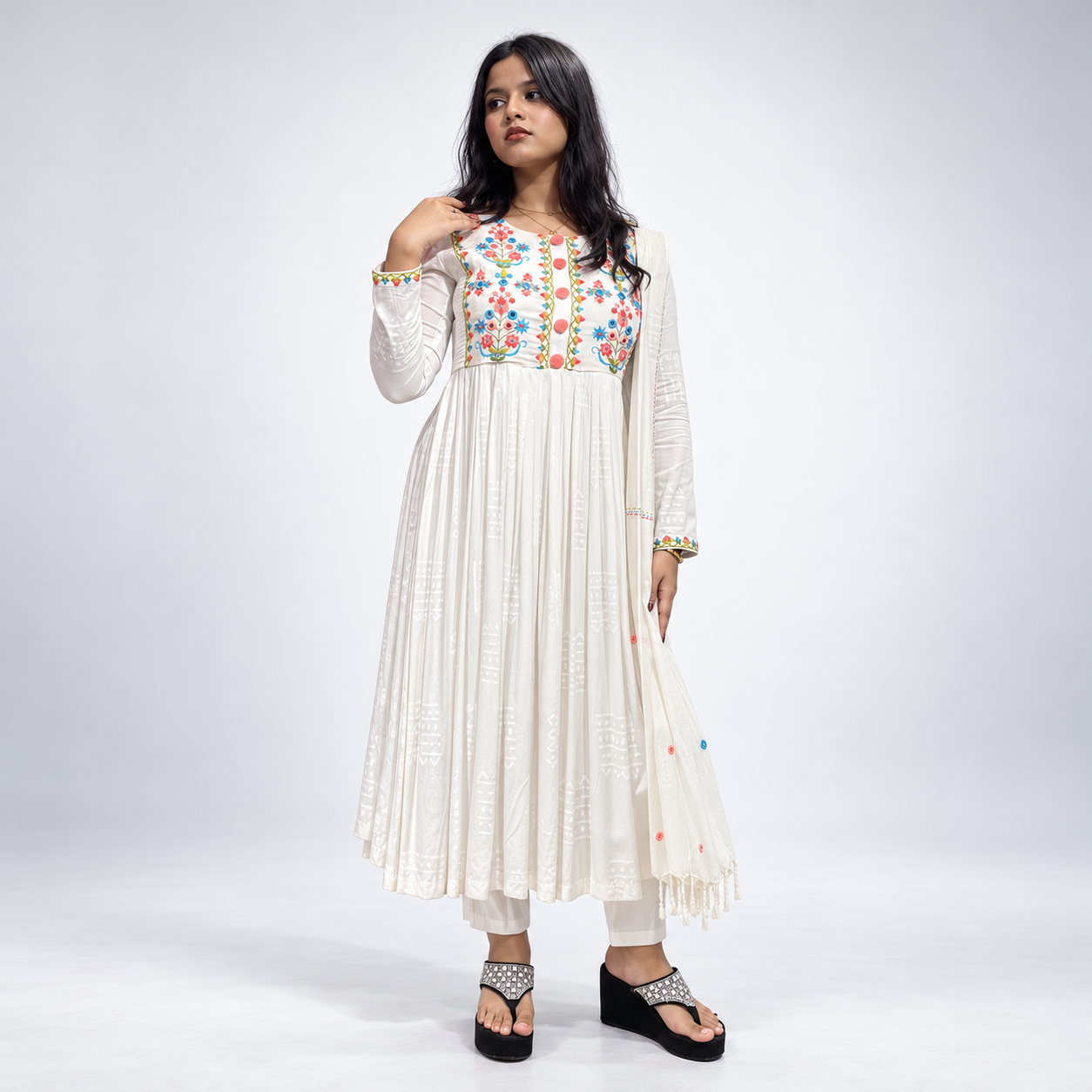 White Floral Embroidered Anarkali 3-Piece