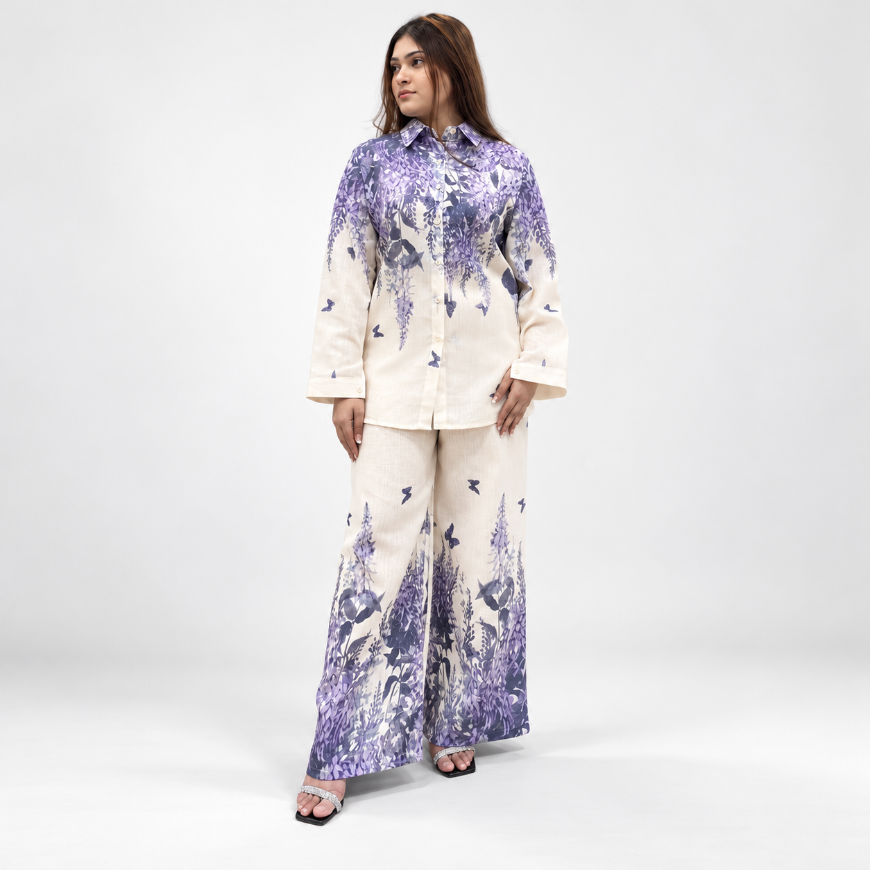 Lavender Bloom Floral Printed Co-Ord Set – Cream & Purple